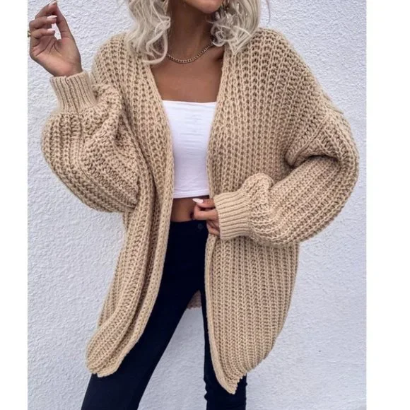 Chunky Knit Open front comfy cozy sweater Cardigan khaki - Picture 5 of 14
